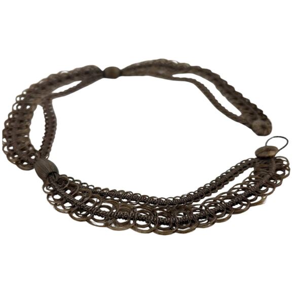 Antique 1800s Woven Human Hair Necklace 14" Long Ornate Dual Band Weave w/ Beads - Picture 3 of 6